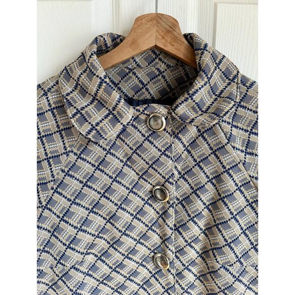 Vintage Patterned A-Line Coat Size Small, Blue and Beige | 60's Style Mod Coat - Picture 4 of 8